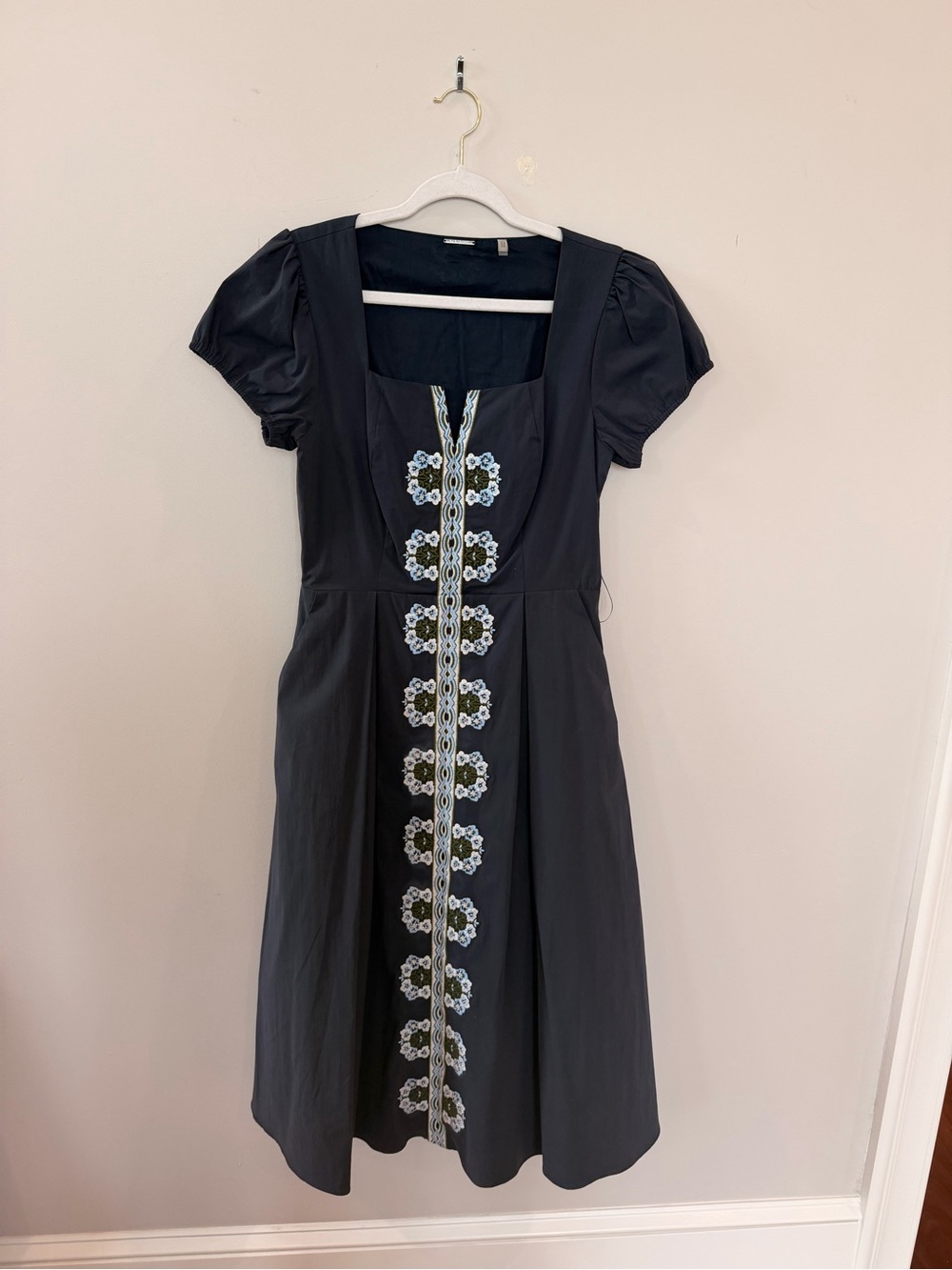 Elie Tahari Black Midi Dress with Blue & White Floral Trim